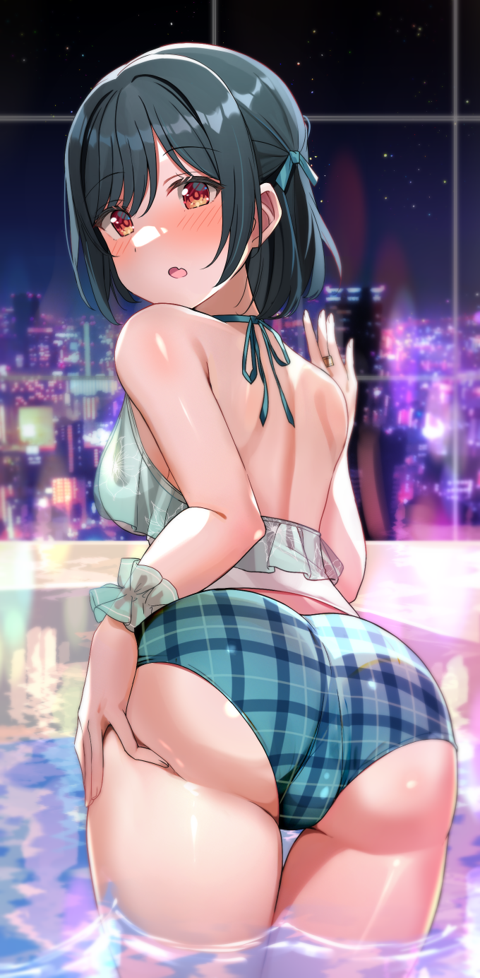1girl ass ass_focus ass_support back bare_shoulders bent_over bikini blush breasts commentary_request dark_green_hair fang grabbing_own_ass green_bikini green_ribbon hair_ribbon hand_on_own_ass hand_on_window highres jewelry looking_at_viewer looking_back love_live! love_live!_nijigasaki_high_school_idol_club medium_breasts mifune_shioriko night night_sky open_mouth orange_eyes plaid_bikini plaid_clothes pool presenting ribbon ring shiitake_taishi shine short_hair sideboob skin_fang skindentation sky skyline solo star_(sky) starry_sky string_bikini swept_bangs swimsuit thighs water window