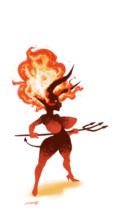 1girl breasts colored_skin demon_tail female_focus fiery_hair fire high_heels horns huge_breasts nude odin_sphere orange_hair perky_breasts pitchfork pointy_ears red_eyes red_skin simple_background solo tail thick_thighs thighs vanillaware vulcan_(odin_sphere) wide_hips