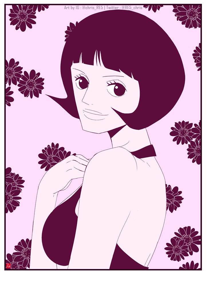 1girl back blunt_bangs bob_cut chris_re5 close-up commentary dress english_commentary flower instagram_username looking_at_viewer one_piece profile shakuyaku_(one_piece) short_hair smile solo twitter_username upper_body
