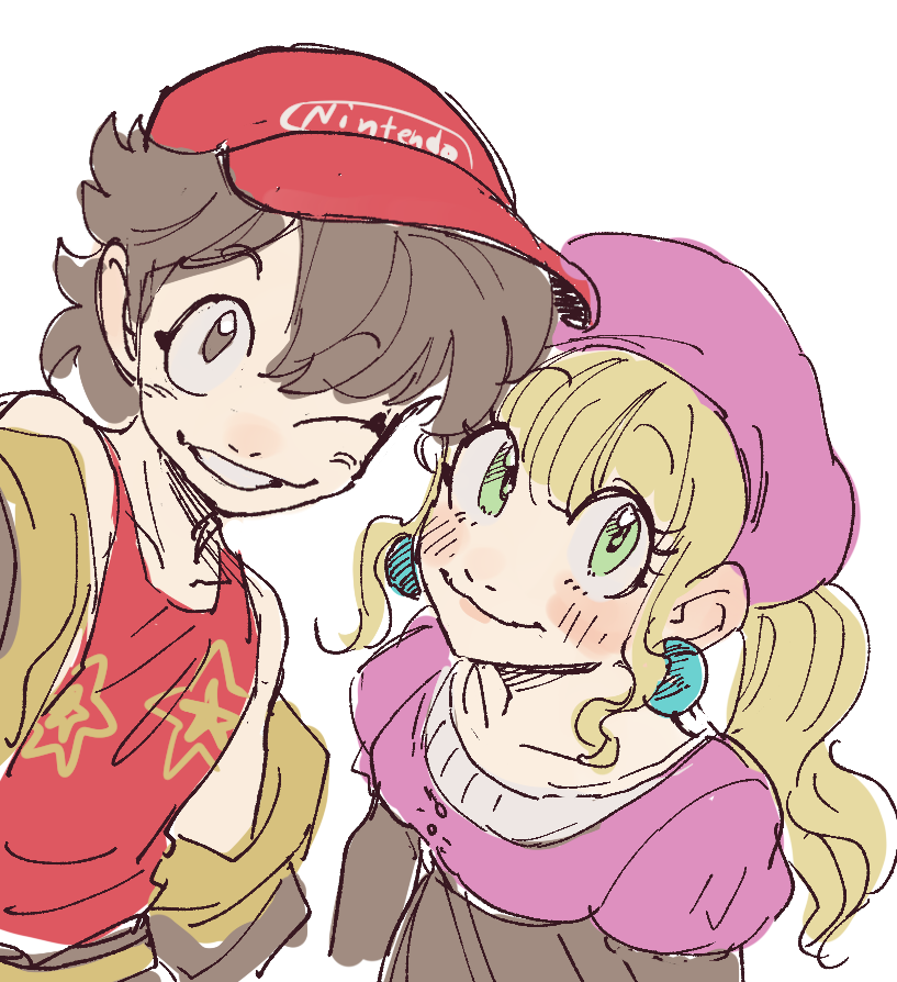 1boy 1girl baseball_cap beret blonde_hair blush brown_eyes brown_hair dancho_no_mori diddy_kong dixie_kong donkey_kong_(series) donkey_kong_country earrings green_eyes grin hat jacket jacket_on_shoulders jewelry long_hair looking_at_viewer looking_up nintendo one_eye_closed personification ponytail sketch smile tank_top white_background