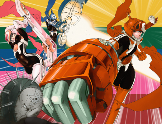 1boy 2girls akabane_taiyo arm_guards armor arms_up bad_anatomy belt black_bodysuit black_hair bodysuit boots breasts cape chou-mukiryoku_sentai_japafive clenched_hands covered_navel elbow_gloves emphasis_lines firing gloves heart helmet japablue japafive japapink japared leg_up mask medium_breasts multiple_girls nangoku_tsumomo open_mouth pink_boots pink_gloves punching red_cape red_footwear red_gloves running sato_masaki_(masayakofu) shinkai_nagisa single_glove skin_tight sweat thigh_boots thighhighs