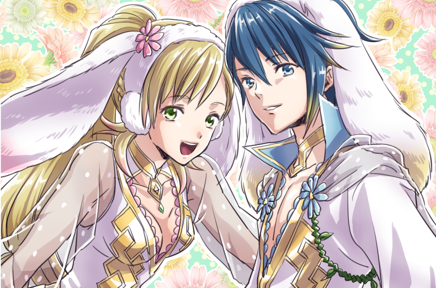 1boy 1girl alfonse_(fire_emblem) alfonse_(spring_prince)_(fire_emblem) animal_ears blonde_hair blue_hair breasts brother_and_sister cleavage fake_animal_ears fire_emblem fire_emblem_heroes gradient_hair green_eyes long_hair looking_at_viewer medium_breasts multicolored_hair nintendo official_alternate_costume open_mouth pink_hair rabbit_ears sharena_(fire_emblem) sharena_(spring_princess)_(fire_emblem) siblings yoneko