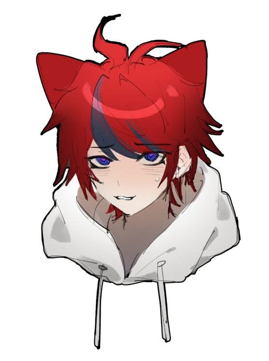 1boy ahoge animal_ears black_hair blue_eyes blush cat_boy cat_ears hood hoodie looking_at_viewer messy_hair open_mouth red_eyes red_hair simple_background sumino_takumi sweat sweatdrop teeth the_hundred_line_-last_defense_academy- white_background
