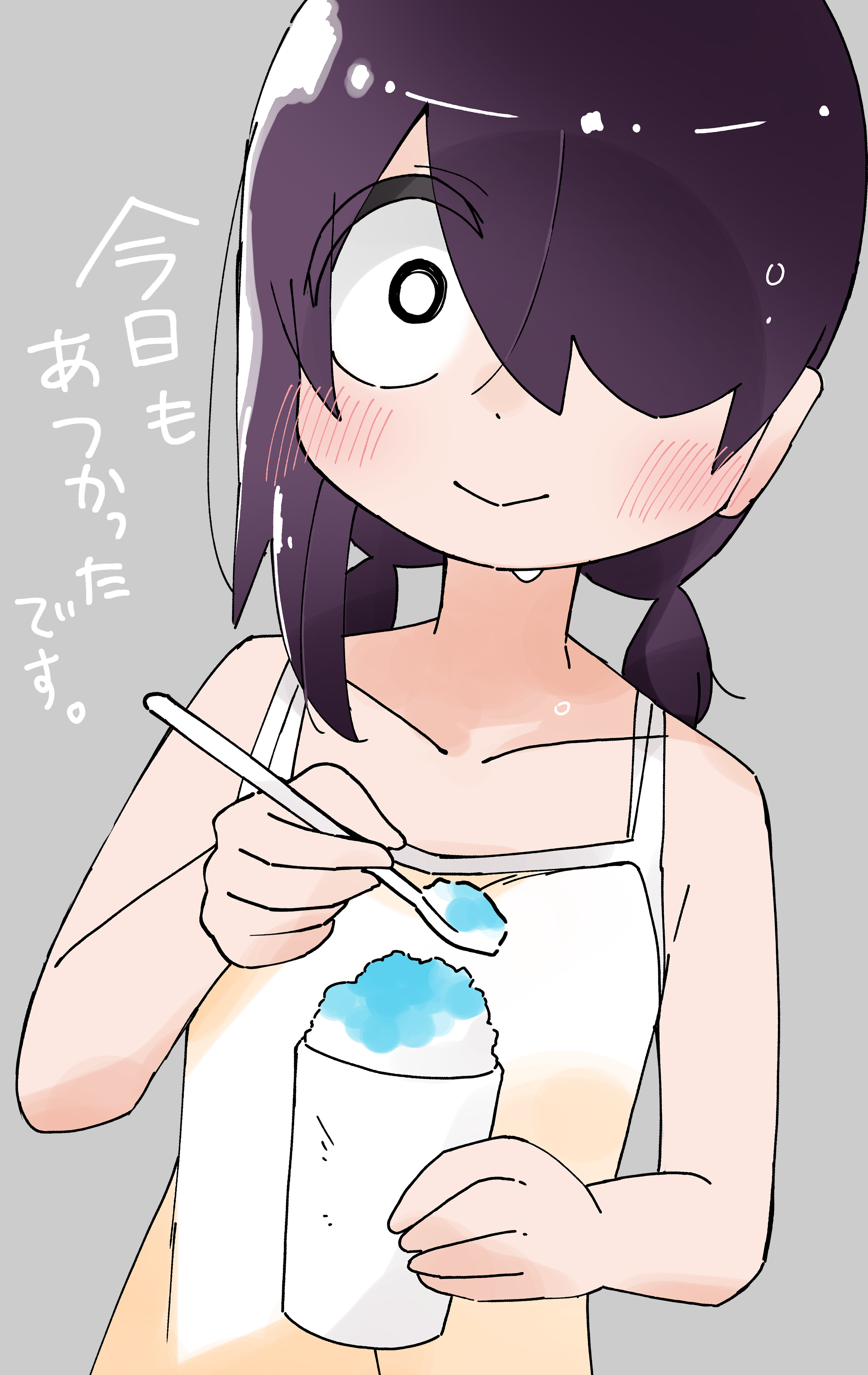 1girl absurdres closed_mouth cup food hair_over_one_eye highres holding holding_cup holding_spoon jijou_wo_shiranai_tenkousei_ga_guigui_kuru. kawamura_taku looking_at_viewer low_twintails medium_hair nishimura_akane one_eye_covered shaved_ice short_twintails smile solo spoon sweat twintails white_eyes
