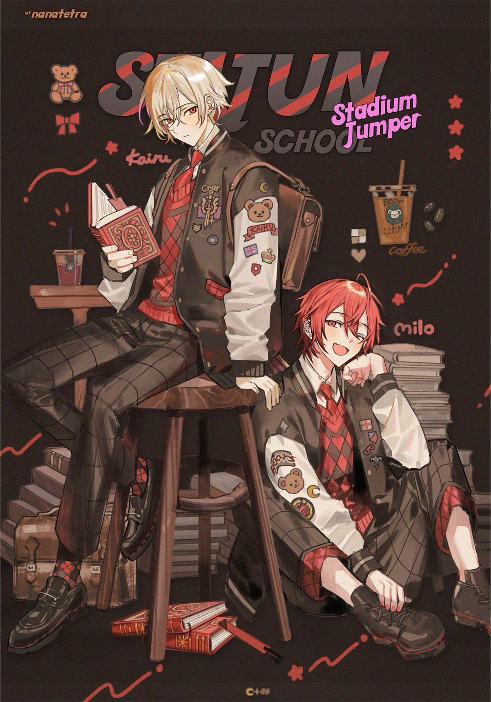 2boys argyle_clothes argyle_socks argyle_sweater artist_name black_footwear blonde_hair book book_stack brown_pants coffee commentary_request english_text full_body grey_background highres holding holding_book iced_coffee jacket letterman_jacket loafers looking_at_viewer male_focus multiple_boys nana_tetra open_mouth original pants reading red_eyes red_hair red_sweater seiza shoes short_hair simple_background sitting smile socks star_(symbol) stool sweater
