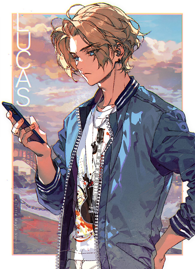1boy arm_up bishounen blonde_hair blue_eyes blue_sky cellphone character_name closed_mouth cloud cloudy_sky collared_jacket ear_piercing english_text expressionless from_side hand_on_own_hip holding holding_phone jacket jewelry kawacy light_blue_jacket light_frown male_focus necklace open_clothes open_jacket original parted_bangs phone piercing print_shirt shirt sky sleeves_rolled_up smartphone solo upper_body vampire white_shirt zipper