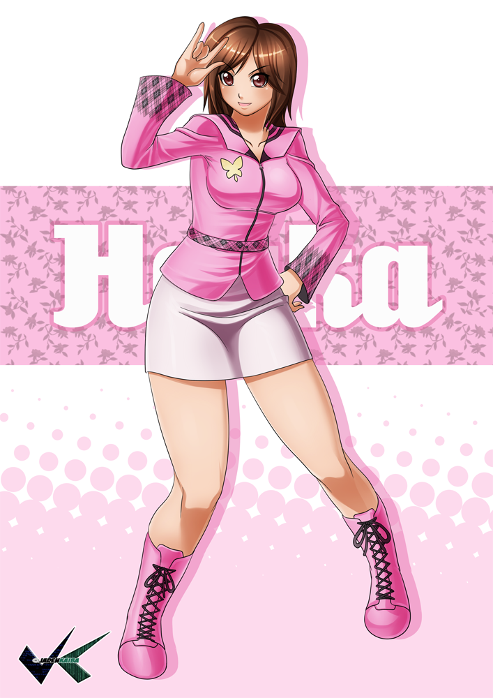 1girl brown_hair jadenkaiba mahou_sentai_magiranger ozu_houka peace_symbol pink_eyes shirt skirt solo super_sentai
