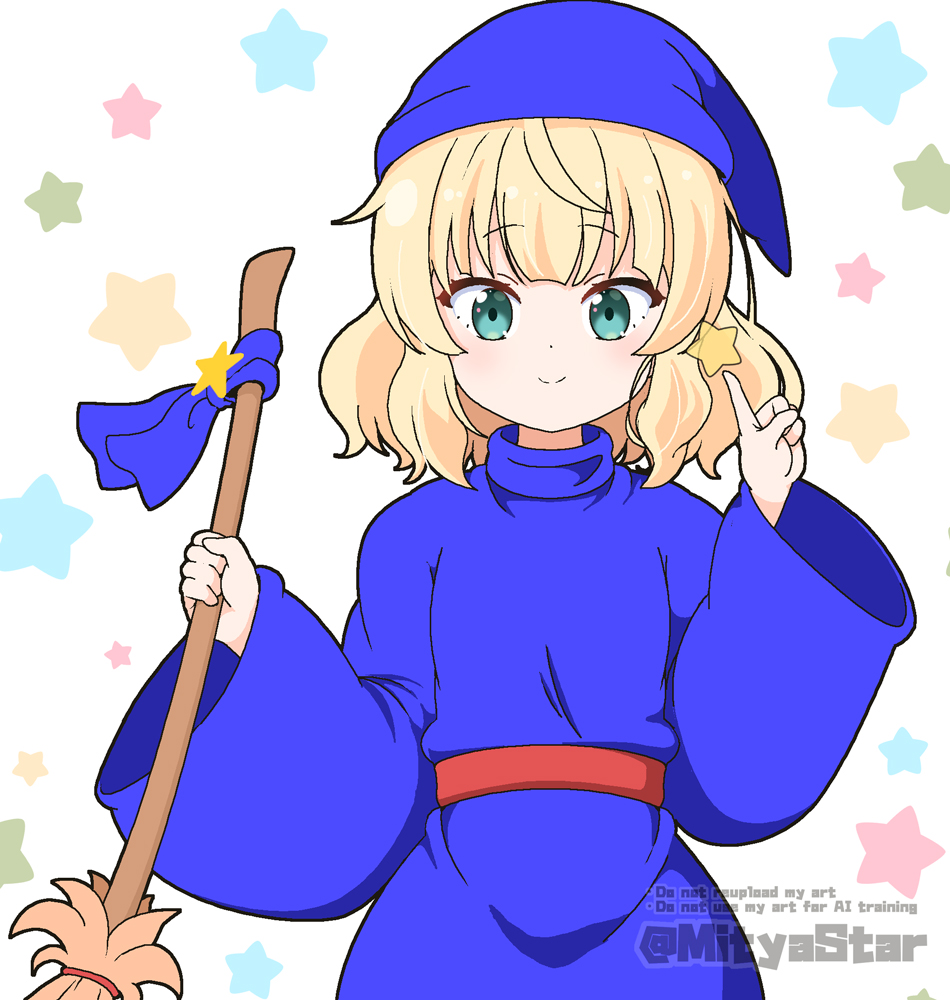 1girl blonde_hair blue_headscarf blue_robe broom closed_mouth commentary_request cosplay gochuumon_wa_usagi_desu_ka? green_eyes hands_up hat headscarf holding holding_broom index_finger_raised kirima_syaro long_sleeves looking_at_viewer mitya official_cosplay puyopuyo robe simple_background smile solo twitter_username white_background wide_sleeves witch_(puyopuyo) witch_(puyopuyo)_(cosplay)
