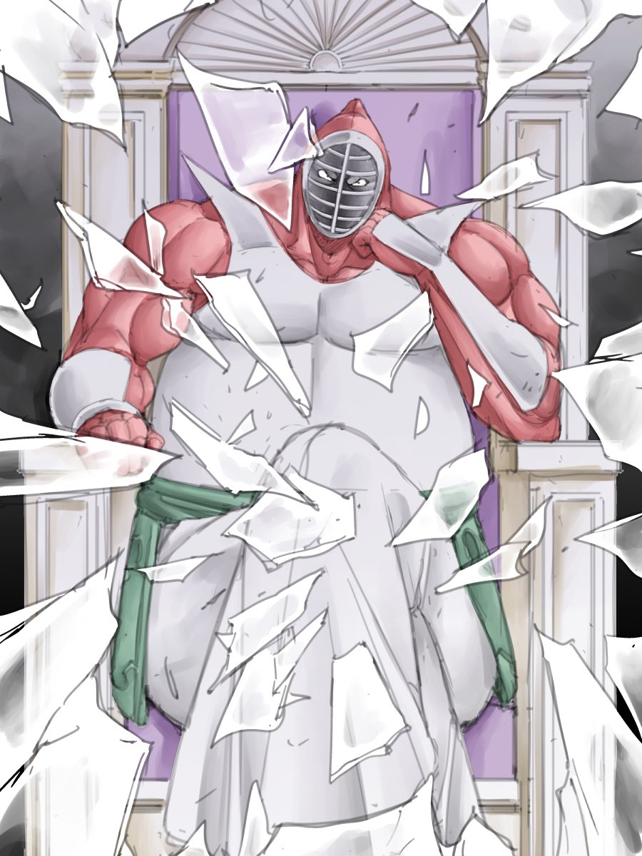 1boy biceps broken_glass crossed_legs glass highres kazeya_kazuya kinnikuman looking_at_viewer mask monster_boy muscular pectorals serious shaded_face simple_background sitting solo strong_the_budo throne