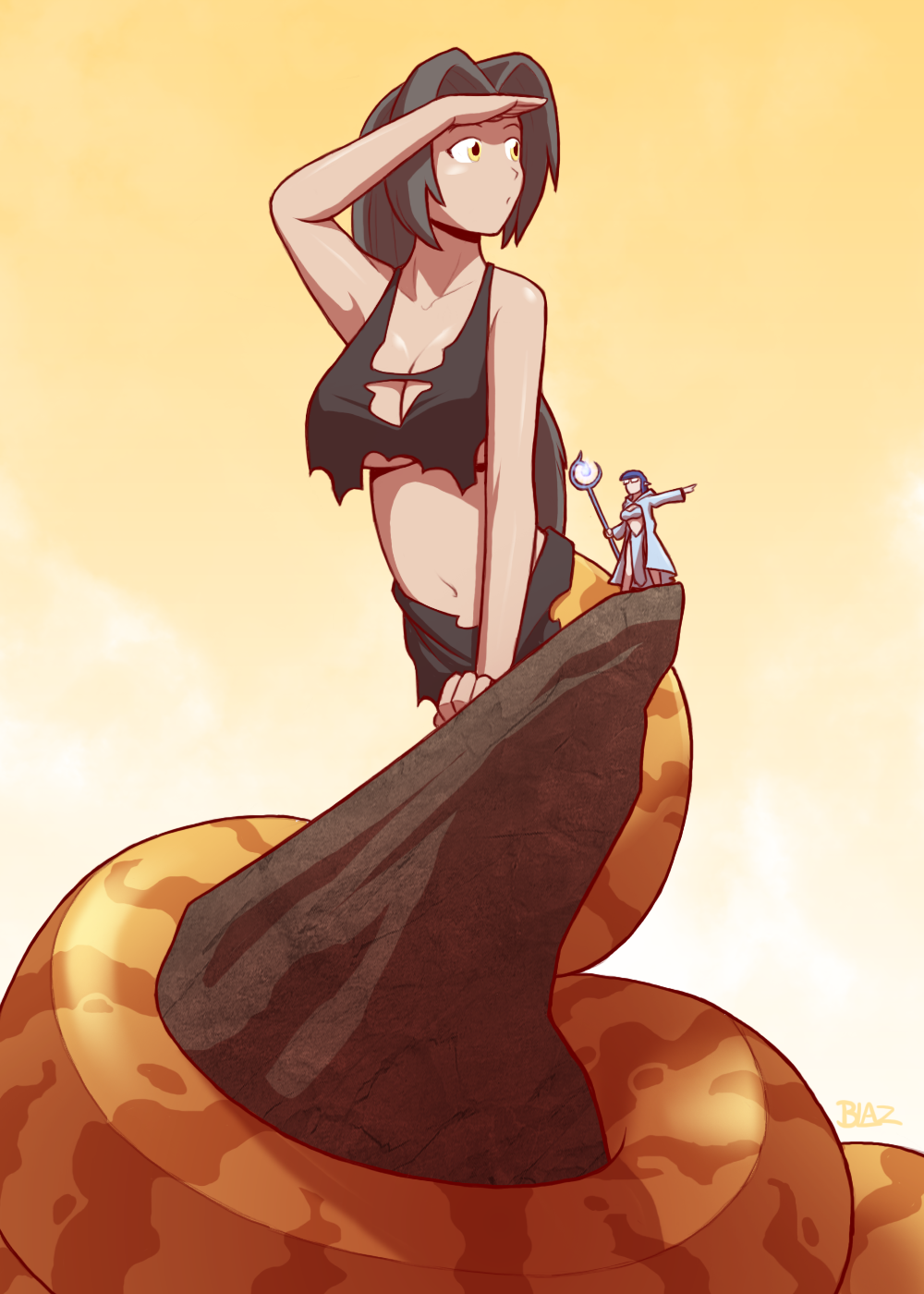 2girls black_hair blazbaros breasts giant giantess glasses highres lamia long_hair monster_girl mountain multiple_girls navel staff underboob yellow_eyes