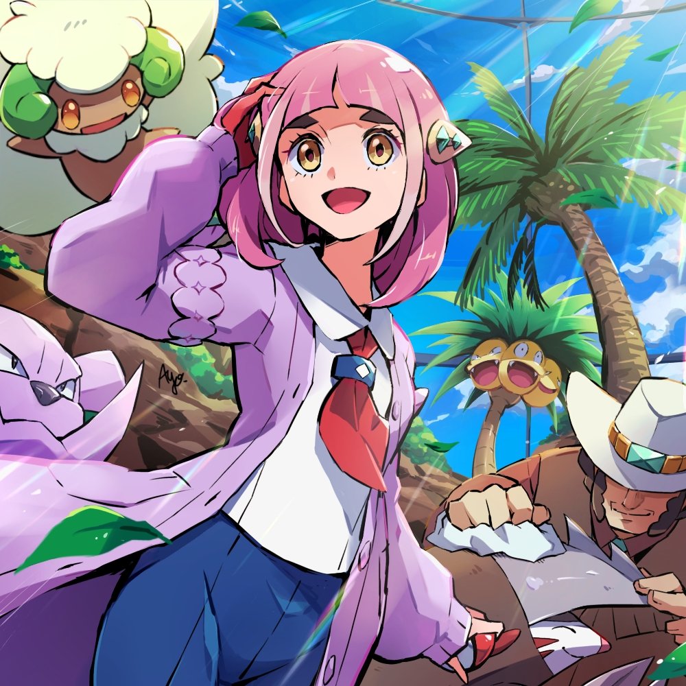 1boy 1girl :d alolan_exeggutor alolan_form arched_bangs ayo_(ayosanri009) blue_pants cardigan clay_(pokemon) collared_shirt commentary_request day excadrill eyelashes falling_leaves father_and_daughter gen_2_pokemon gen_5_pokemon gen_7_pokemon gloves granbull hair_ornament hairclip happy holding holding_poke_ball lacey_(pokemon) leaf nintendo open_cardigan open_clothes open_mouth outdoors palm_tree pants poke_ball poke_ball_(basic) pokemon pokemon_bw pokemon_sv purple_cardigan red_gloves shirt single_glove smile tree whimsicott white_shirt