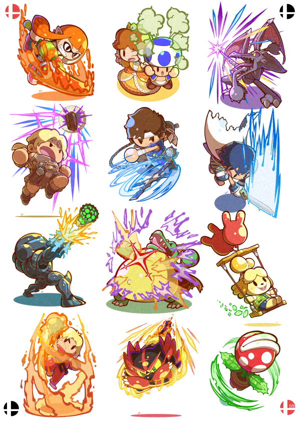 04sora40 animal_crossing arm_up balloon barefoot blonde_hair blue_hair blue_toad_(mario) boots brown_boots brown_hair cape castlevania:_rondo_of_blood castlevania_(series) chain_whip chibi chrom_(fire_emblem) closed_mouth coffin colored_sclera commentary_request creatures_(company) crown dark_samus dog_girl donkey_kong_(series) donkey_kong_country dougi dress final_smash fire firing flaming_hand flower_pot game_freak gen_7_pokemon green_eyes headband holding holding_paint_roller holding_sword holding_weapon holding_whip incineroar ink inkling inkling_girl inkling_player_character isabelle_(animal_crossing) karate_gi ken_masters king_k._rool leaf long_hair mario_(series) metroid metroid_prime_3:_corruption nintendo on_swing one_eye_closed open_mouth orange_dress orange_hair paint_roller pink_shoes piranha_plant pokemon pokemon_(creature) princess_daisy purple_sclera richter_belmont ridley sharp_teeth shoes short_hair simon_belmont simple_background sitting smile splat_roller_(splatoon) super_smash_bros. swing sword teeth tentacle_hair tongue v-shaped_eyebrows weapon white_background white_cape white_headband wings yellow_eyes yellow_sclera