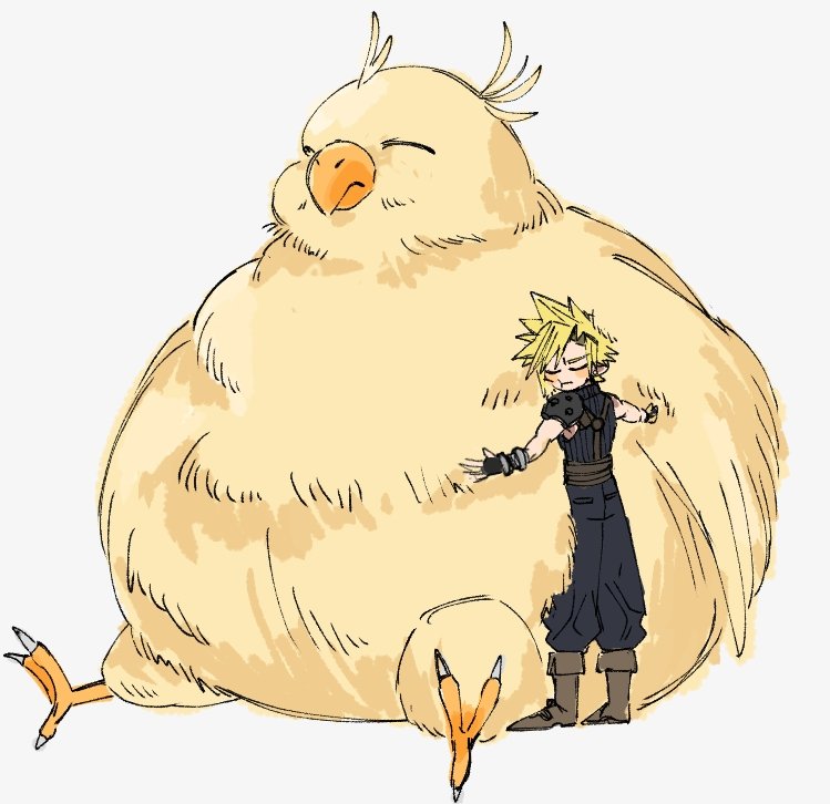 1boy animal animal_hug armor asymmetrical_gloves belt bird black_gloves black_pants black_sweater blonde_hair blush_stickers boots bracer brown_footwear cheek_press chocobo closed_eyes cloud_strife commentary_request earrings fat fat_chocobo final_fantasy final_fantasy_vii full_body gloves grey_background hug jewelry leather_belt male_focus mtr_dayoo pants pauldrons puffy_pants short_hair shoulder_armor simple_background single_pauldron sleeveless sleeveless_turtleneck spiked_hair standing stud_earrings suspenders sweater turtleneck