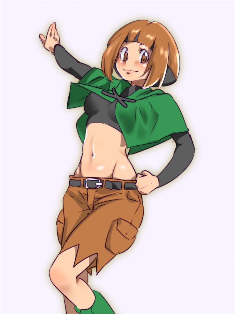 1girl bad_id bad_pixiv_id belt blush boots breasts brown_eyes brown_hair capelet covered_erect_nipples female_focus gardenia_(pokemon) green_boots green_capelet gym_leader matching_hair/eyes midriff navel nintendo pants pokemon pokemon_dppt shiny_skin shirt short_hair simple_background smile solo tight_clothes tight_shirt zaitsu