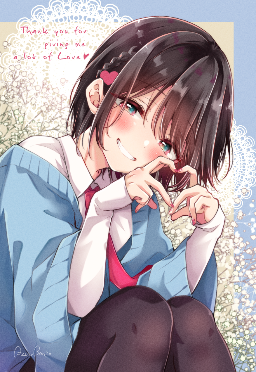 1boy artist_name banjou_azusa black_hair black_pantyhose blue_background blue_cardigan blush braid cardigan commentary crossdressing english_commentary english_text hair_between_eyes hair_ornament heart heart_hair_ornament heart_hands highres koisuru_(otome)_no_tsukurikata long_sleeves looking_at_viewer male_focus applying_manicure hiura_mihate nail_polish necktie open_mouth pantyhose pink_eyes pink_nails red_necktie shirt short_hair sitting sleeves_past_wrists smile solo trap