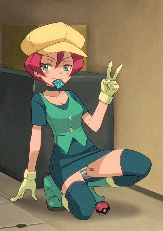 1girl alley arm_support bad_id bad_pixiv_id blush body_writing boots breasts buttons choker cleavage collarbone commentary_request condom condom_in_mouth condom_wrapper female_focus full_body game_freak georgia_(pokemon) gloves green_boots green_choker green_eyes green_thighhighs green_vest hand_up hat looking_at_viewer mouth_hold nintendo panties poke_ball poke_ball_(basic) pokemon pokemon_(anime) pokemon_bw_(anime) price prostitution ryuntack short_hair short_sleeves smile solo striped_clothes striped_panties thighhighs underwear v vest yellow_gloves yellow_hat