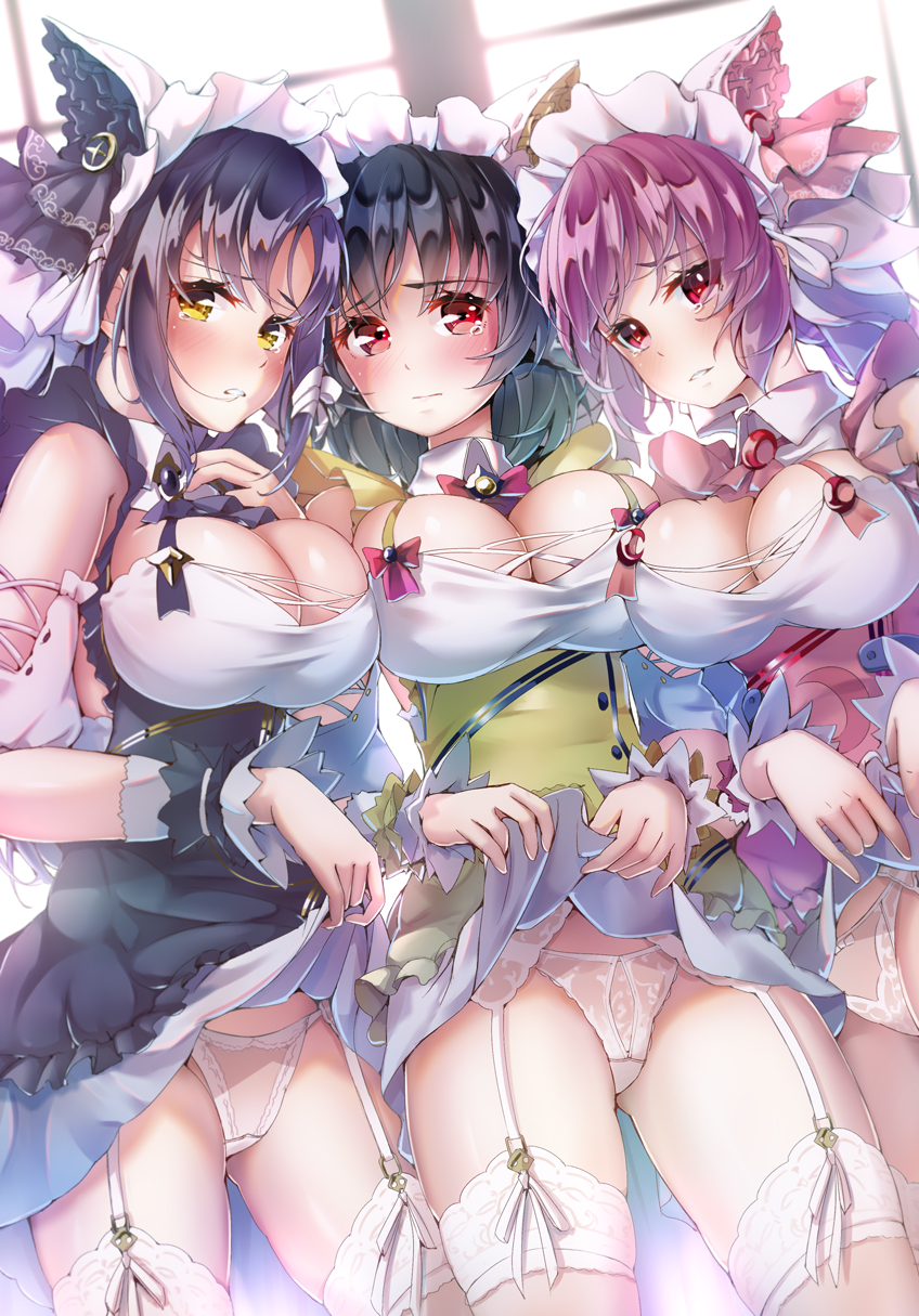 3girls animal_ears arashio_(azur_lane) arm_garter azur_lane blush breasts cheshire_(azur_lane) cheshire_(azur_lane)_(cosplay) cleavage_cutout clothing_cutout commission cosplay detached_sleeves dress fake_animal_ears frilled_dress frilled_hairband frilled_headband frills garter_belt garter_straps green_dress hairband highres imo_bouya lace lace-trimmed_thighhighs lace_trim large_breasts layered_dress lifting_own_clothes long_hair long_ribbon looking_at_viewer maid_headdress michishio_(azur_lane) multiple_girls ooshio_(azur_lane) panties pink_dress pink_hair pixiv_commission puffy_detached_sleeves puffy_sleeves purple_dress purple_hair red_eyes thighhighs two-tone_dress underwear white_dress white_legwear white_panties wrist_cuffs yellow_eyes