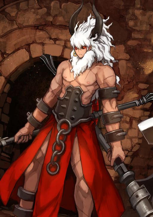 1boy asterios_(fate) axe beard belt black_horns black_mask black_sclera brown_background chain closed_mouth colored_sclera dark-skinned_male dark_skin dual_wielding dutch_angle earrings facial_hair fate/grand_order fate_(series) gold_earrings holding holding_axe hoop_earrings horns jewelry legs_apart long_hair male_focus multiple_scars muscular muscular_male nipples official_art pectorals pelvic_curtain red_eyes red_skirt revision scar scar_on_arm scar_on_chest scar_on_leg shimadoriru single_earring skirt solo spikes standing third-party_source underground white_facial_hair white_hair