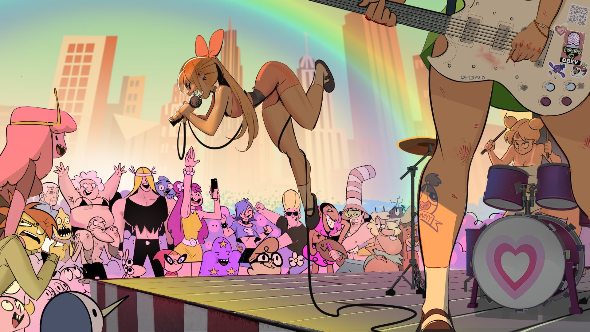 adventure_time band_(music) bandana bass_guitar blossom_(ppg) bubbles_(ppg) buttercup_(ppg) character_request city concert courage_(character) courage_the_cowardly_dog cow_&_chicken crossover dancing dexter's_laboratory dexter_(dexter's_laboratory) drum drum_set drumsticks ear_piercing earl_of_lemongrab electric_guitar eustace_bagge flapjack_(the_marvelous_misadventures_of_flapjack) floating foster's_home_for_imaginary_friends frankie_foster guitar gumball_watterson gunther_(adventure_time) hat hi_hi_puffy_amiyumi highres him_(powerpuff_girls) holding holding_drumsticks instrument johnny_bravo johnny_bravo_(series) lumpy_space_princess microphone mojo_jojo multiple_crossover muriel_bagge music philtomato piercing playing_instrument powerpuff_girls princess_bonnibel_bubblegum rainbow red_guy_(cow_&_chicken) samurai_jack samurai_jack_(character) sealab_2021 sheep_in_the_big_city singing sitting_on_shoulder stage tattoo the_amazing_world_of_gumball the_marvelous_misadventures_of_flapjack yumi_yoshimura