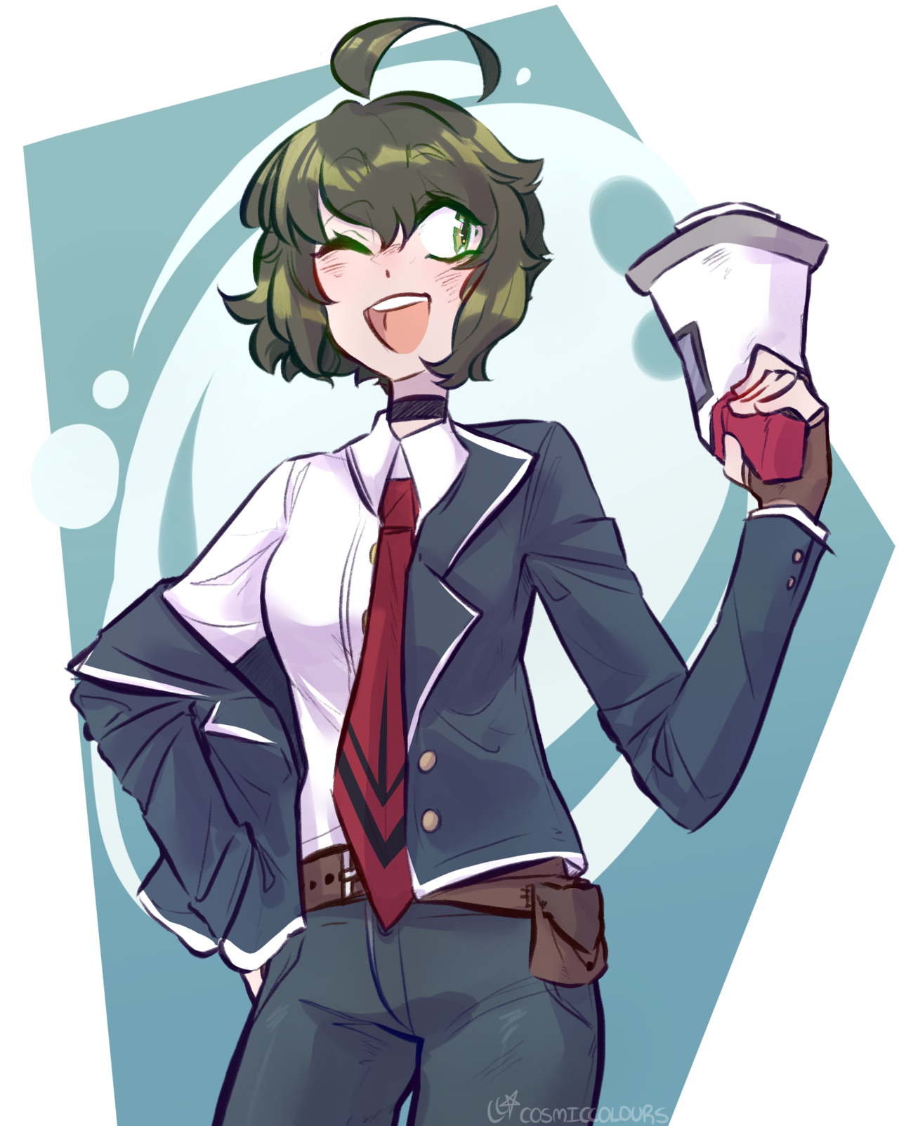 1girl ;d ahoge alternate_costume artist_name belt blue_jacket blue_pants blush brown_belt brown_gloves collared_jacket collared_shirt commentary danganronpa_(series) danganronpa_another_episode:_ultra_despair_girls english_commentary eyelashes fingerless_gloves gloves green_eyes green_hair hand_on_own_hip highres holding holding_megaphone jacket long_sleeves megaphone naegi_komaru necktie one_eye_closed open_clothes open_jacket open_mouth pants parucafe pouch red_necktie shirt short_hair single_off_shoulder smile solo teeth transparent_background upper_teeth_only white_shirt