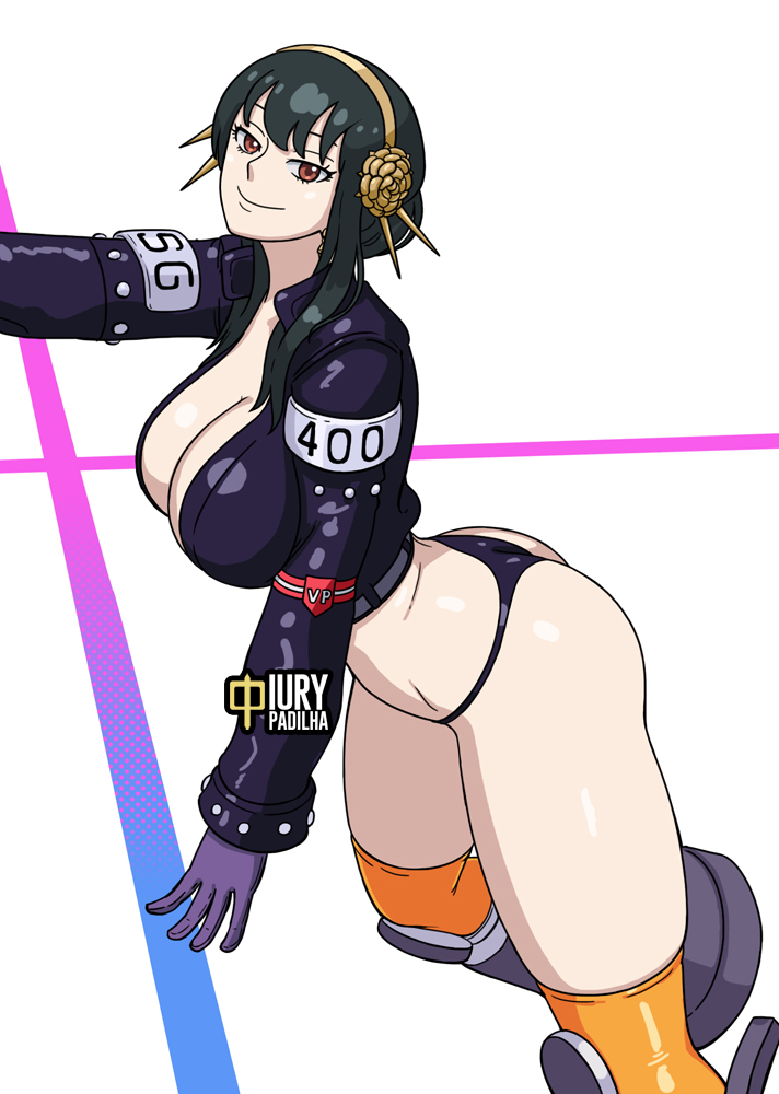 1girl ass black_hair black_jacket breasts cleavage cosplay curvy huge_ass iury_padilha jacket looking_at_viewer nico_robin nico_robin_(cosplay) nico_robin_(egghead) one_piece red_eyes shiny_skin smile spy_x_family thighs thong wide_hips yor_briar