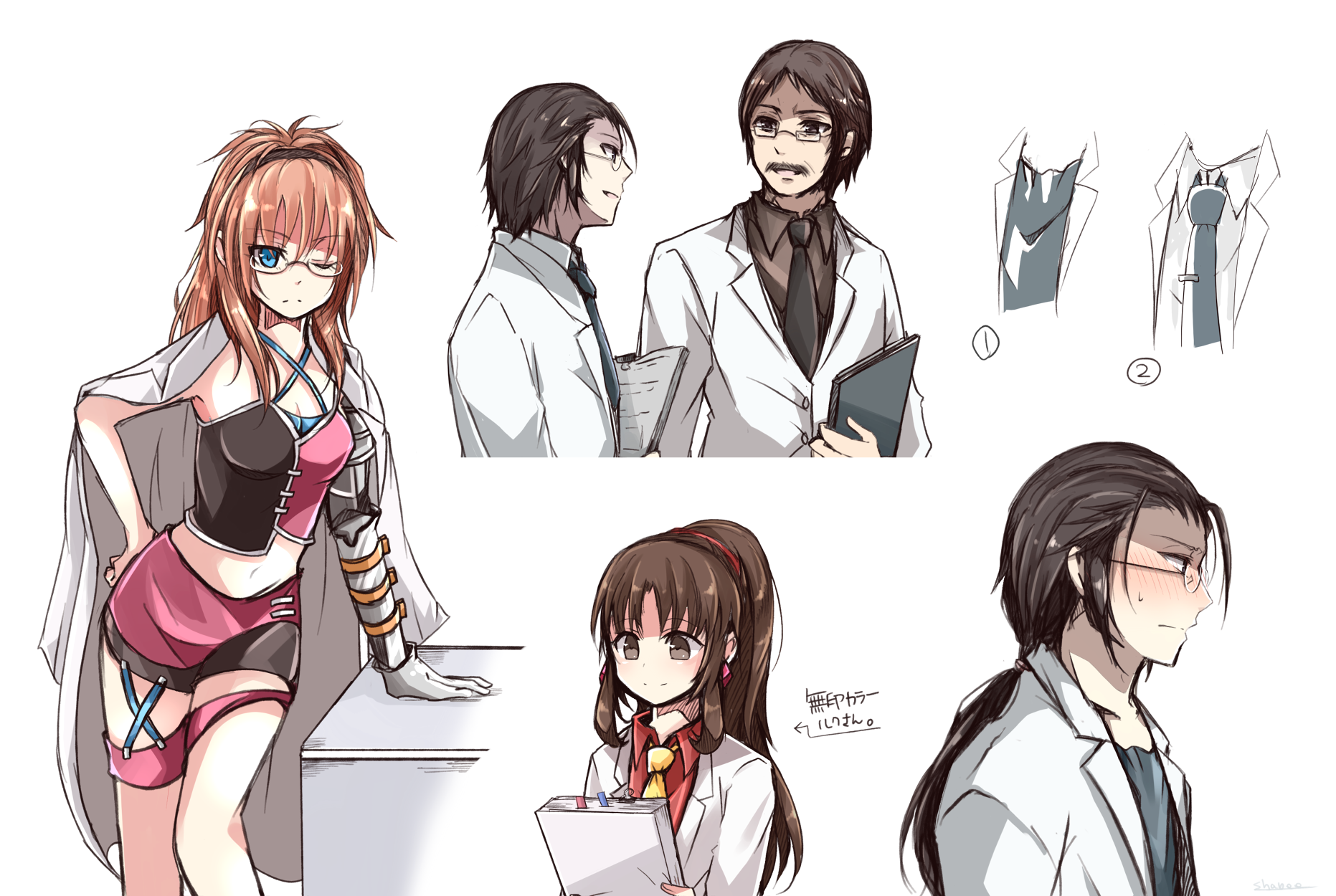 2boys 2girls asymmetrical_legwear black_necktie blue_eyes blush breasts brown_eyes brown_hair brown_shirt character_request cleavage clipboard coat collared_shirt crop_top dirge_of_cerberus_final_fantasy_vii earrings facial_hair final_fantasy final_fantasy_vii gast_faremis glasses hand_on_own_hip highres holding holding_clipboard jacket jacket_on_shoulders jewelry lab_coat medium_breasts miniskirt multiple_boys multiple_girls mustache nanao_(zonzonsh) necktie one_eye_closed ponytail professor_houjou red_shirt shalua_rui shirt sidelocks skirt sweatdrop upper_body white_background white_coat wide_ponytail yellow_necktie