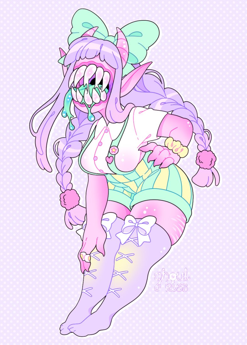 1girl bow braid breasts claws collared_shirt colored_skin colored_tongue commentary english_commentary full_body ghoulkiss green_bow green_shorts green_tongue hair_bow heart horns impossible_clothes large_breasts long_hair long_sidelocks monster_girl no_eyes no_shoes original pastel_colors pink_skin plump pointy_ears purple_hair purple_thighhighs scrunchie sharp_teeth shirt shorts sidelocks solo standing stretch_marks striped_clothes striped_shorts suspenders teeth thick_thighs thighhighs thighs twin_braids vertical-striped_clothes vertical-striped_shorts very_long_sidelocks white_bow white_shirt wrist_scrunchie yami_kawaii yellow_shorts