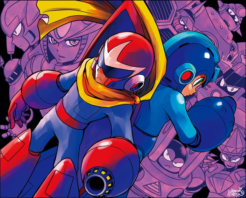 1girl 6+boys ariga_hitoshi arm_cannon assault_visor blue_eyes blue_helmet concrete_man galaxy_man grey_helmet helmet hornet_man humanoid_robot jewel_man magma_man male_focus mega_man_(character) mega_man_(classic) mega_man_(series) mega_man_9 multiple_boys partially_colored plug_man proto_man robot scarf serious splash_woman tornado_man weapon yellow_scarf