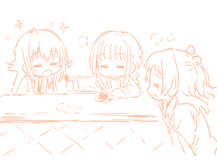 3girls =_= antenna_hair blunt_bangs blush bullfalk feeding food fruit fujita_kotone gakuen_idolmaster hair_flaps hanami_saki holding holding_food holding_fruit idolmaster jacket kotatsu long_hair long_sleeves mandarin_orange mandarin_orange_slice monochrome multiple_girls open_clothes open_jacket open_mouth orange_theme sidelocks simple_background squeans table tsukimura_temari two_side_up white_background