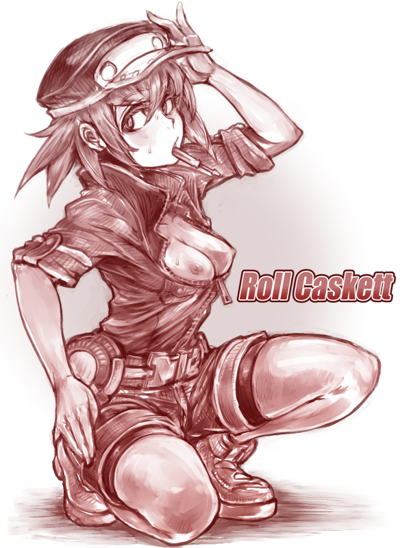 bad_id bad_pixiv_id belt bike_shorts bike_shorts_under_shorts breasts newsboy_cap capcom character_name full_body hair_between_eyes hand_on_headwear hand_on_own_hip hat head_tilt ikayaki_(ikayaki4) jumpsuit looking_to_the_side mechanic medium_breasts mega_man_(series) mega_man_legends_(series) mega_man_legends_3 monochrome nipples partially_unzipped roll_caskett_(mega_man) screwdriver shoes shorts sidelocks simple_background solo tools zipper zipper_pull_tab