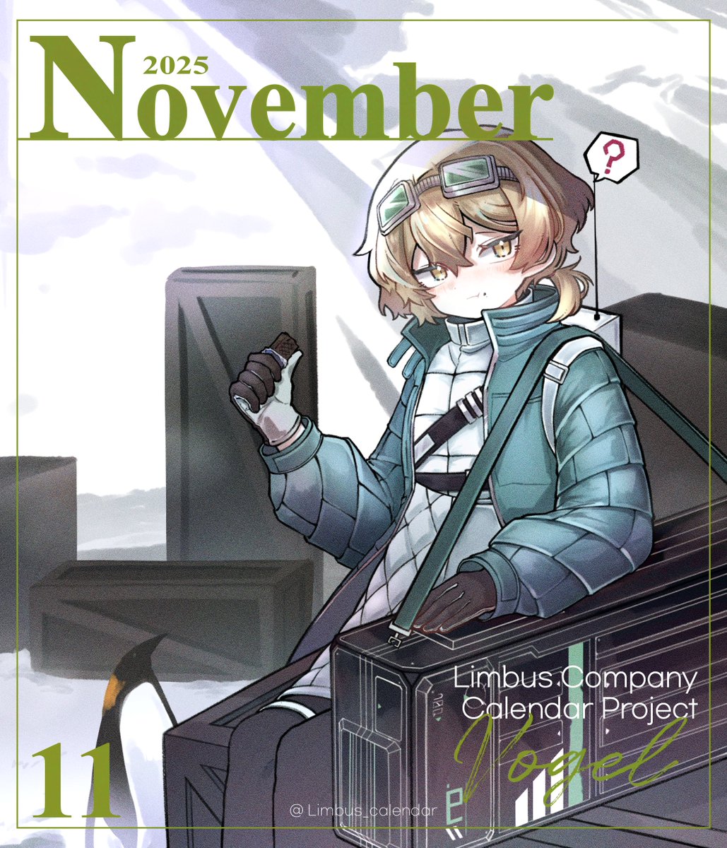 1boy ? backpack bag bird black_pants blonde_hair blue_jacket candy chocolate chocolate_bar devyat&#039;_association_north_uniform eating food food_on_face gloves goggles goggles_on_head highres jacket jacket_under_coat limbus_company low_ponytail male_focus november open_clothes open_jacket outdoors pants penguin ponytail project_moon shoulder_bag sinclair_(project_moon) snow solo two-tone_gloves white_bag white_jacket yellow_eyes zeremi0102