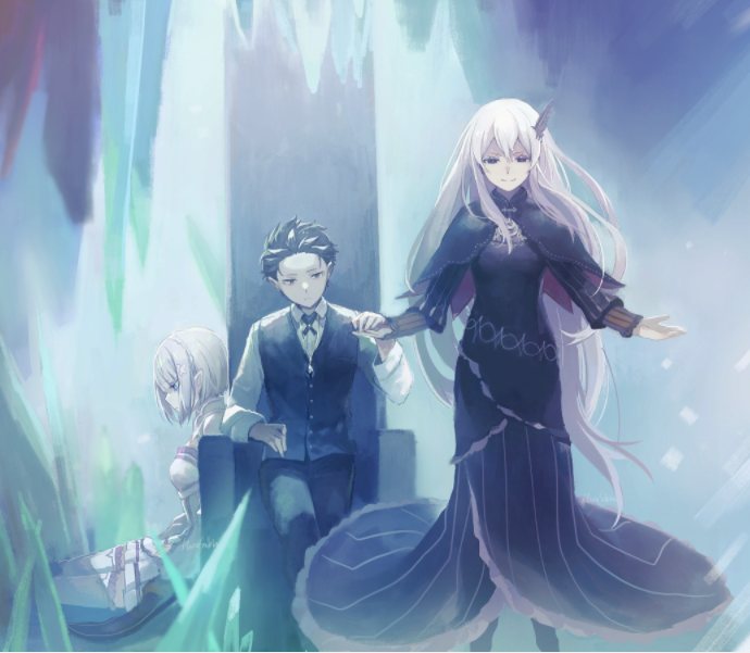 1girl 2girls black_dress black_hair breasts butterfly_hair_ornament capelet cropped crystal dress echidna_(re:zero) elf emilia_(re:zero) frilled_dress frills hair_ornament holding_hands harusabin long_hair medium_breasts multiple_girls natsuki_subaru outstretched_arms pointy_ears re:zero_kara_hajimeru_isekai_seikatsu shirt short_hair on_floor spread_arms thighhighs throne very_long_hair vest white_dress white_hair