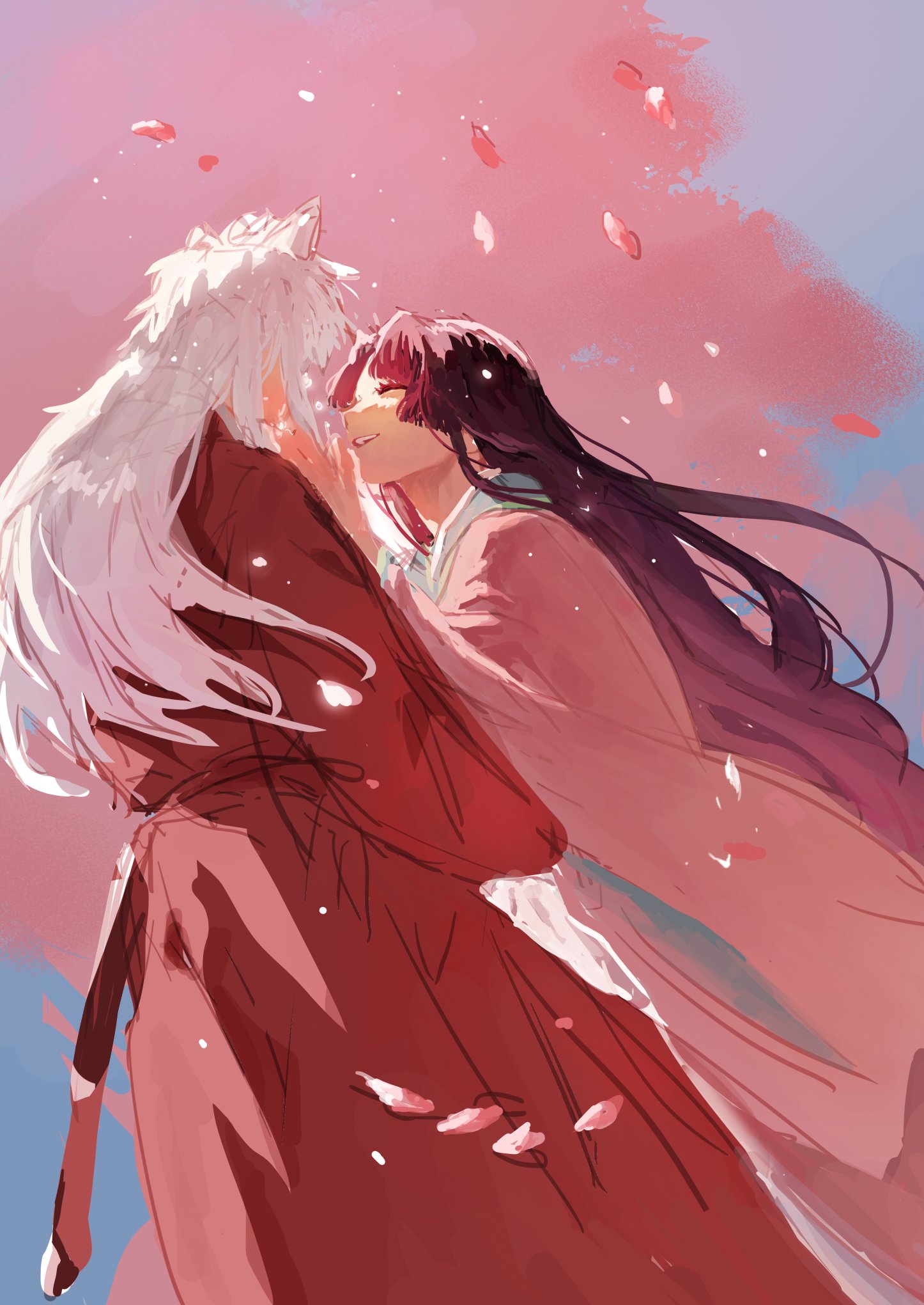 1boy 1girl animal_ears black_hair cherry_blossoms closed_eyes commentary dog_boy dog_ears falling_leaves hakama highres inuyasha inuyasha_(character) izayoi_(inuyasha) japanese_clothes kimono leaf long_hair mother_and_son pink_kimono red_hakama red_shirt shirt smile standing sword teeth tjwjddl75 upper_teeth_only weapon white_hair