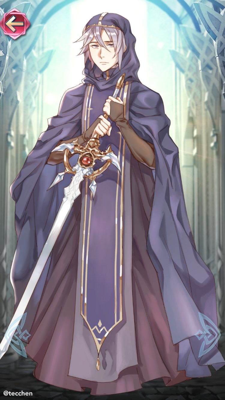 1boy elbow_gloves fingerless_gloves fire_emblem fire_emblem_heroes gloves highres hood knoll_(fire_emblem) male_focus nintendo purple_eyes purple_hair sword tecchen weapon