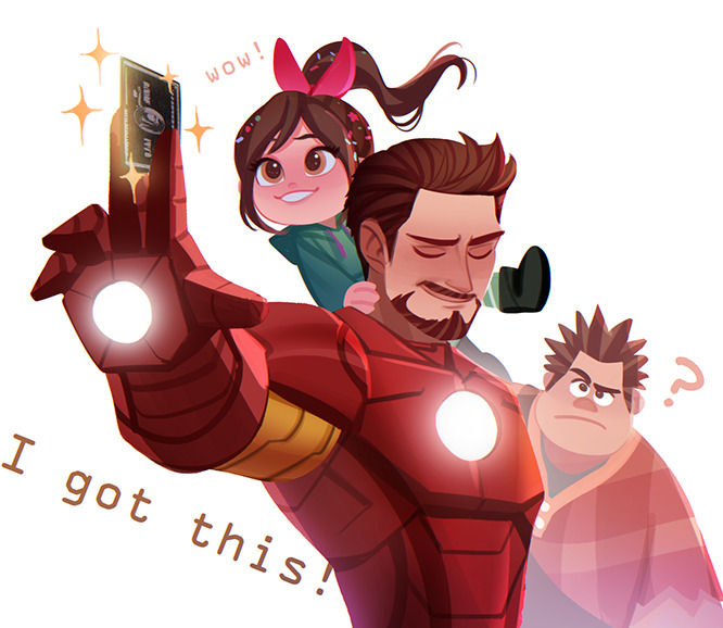 1girl 2boys ? arc_reactor arm_up armor black_eyes black_footwear black_shirt blue_hoodie boots brown_eyes brown_hair buttons closed_eyes closed_mouth commentary confetti crossover english_commentary english_text facial_hair full_armor ginmu green_pantyhose hair_ribbon holding holding_money hood hoodie iron_man iron_man_(series) leg_up long_hair long_sleeves looking_at_another looking_to_the_side marvel marvel_cinematic_universe money multicolored_armor multiple_boys pantyhose pink_ribbon plaid_clothes plaid_shirt ponytail power_armor red_armor red_shirt ribbon shirt short_hair simple_background smile sparkle standing teeth tony_stark vanellope_von_schweetz white_background wreck-it_ralph wreck-it_ralph_(character) yellow_armor