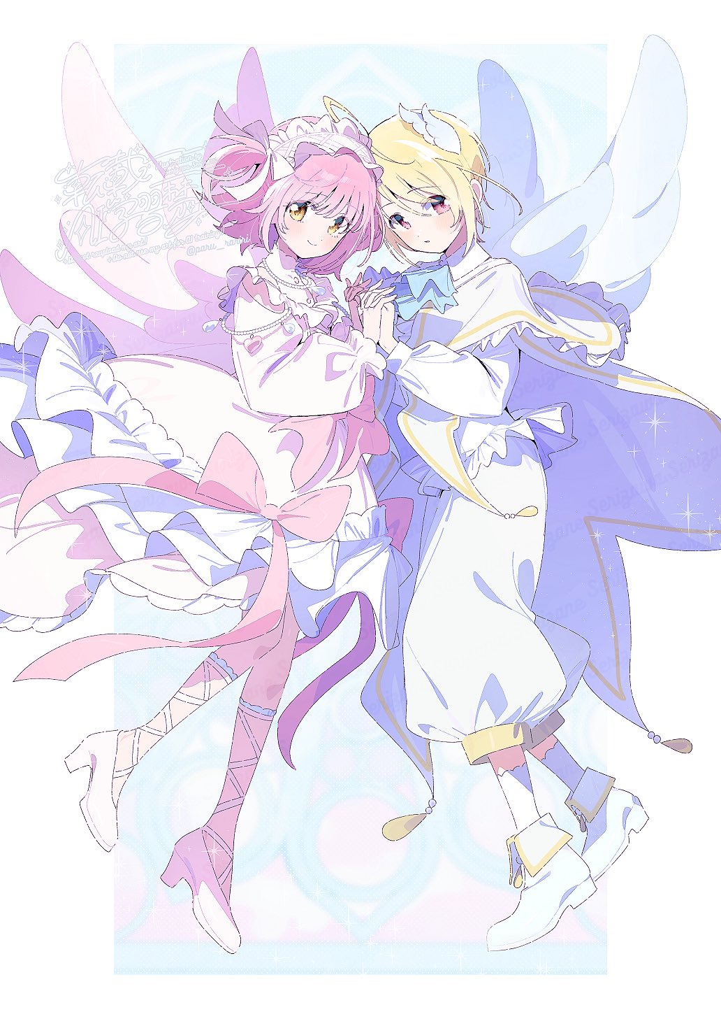 1boy 1girl artist_name cape closed_mouth commentary dress frilled_dress frills highres hinamori_amu holding_hands hotori_tadase interlocked_fingers light_blush long_sleeves looking_at_viewer medium_dress medium_hair pants parted_lips pink_hair red_eyes serizawa_serizane shirt short_hair shugo_chara! smile twitter_username watermark white_cape white_dress white_pants white_shirt wings yellow_eyes