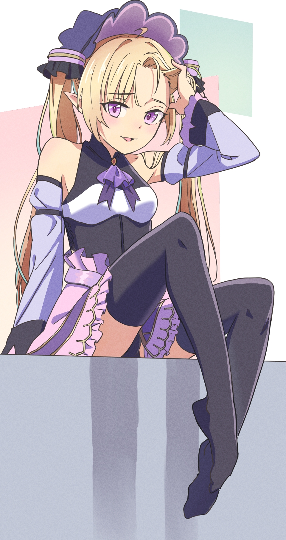 1boy ahoge artist_request bare_shoulders blonde_hair blush bow bowtie bulge chest_jewel crossdressing detached_sleeves elf hair_ornament hand_on_own_head headdress long_hair looking_at_viewer male_focus open_mouth panties pink_skirt pointy_ears princess_connect! purple_eyes shadow sitting skirt smile thighhighs trap twintails underwear yuki_(princess_connect!) zettai_ryouiki