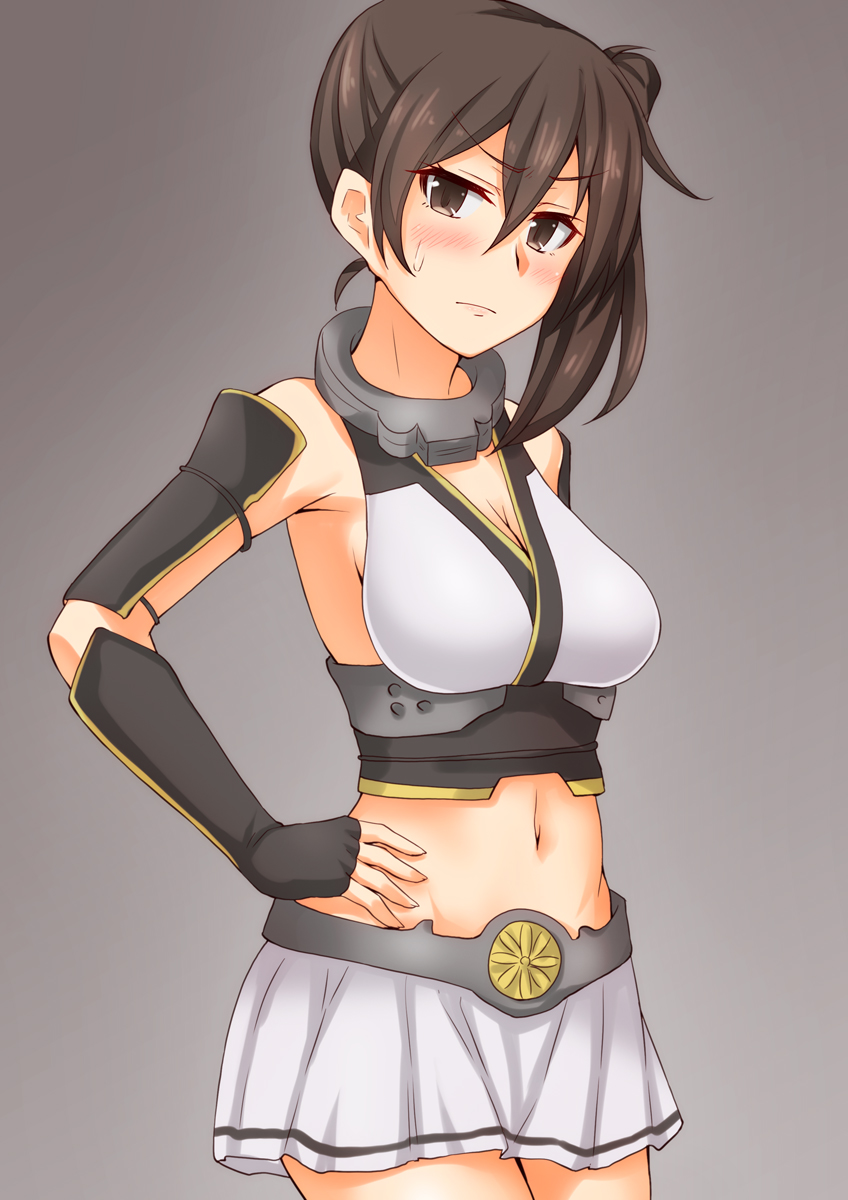 1girl anti_(untea9) blush breasts brown_eyes brown_hair cosplay elbow_gloves female_focus fingerless_gloves gloves gradient_background hair_between_eyes headgear highres kaga_(kancolle) kantai_collection large_breasts long_hair looking_at_viewer midriff nagato_(kancolle) nagato_(kancolle)_(cosplay) navel pleated_skirt side_ponytail skirt solo