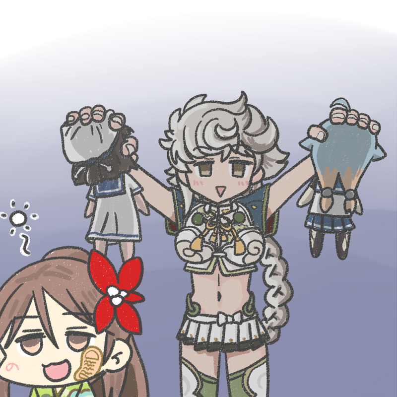 amagi_(kancolle) asymmetrical_hair blue_background braid brown_eyes cloud_print daitou_(kancolle) dress ferret-san gradient_background grey_hair hand_on_another&#039;s_head head_grab kantai_collection long_hair midriff navel pleated_skirt sado_(kancolle) sailor_dress school_uniform serafuku shoe_print single_braid skirt torn_clothes unryuu_(kancolle) white_dress white_headwear white_skirt