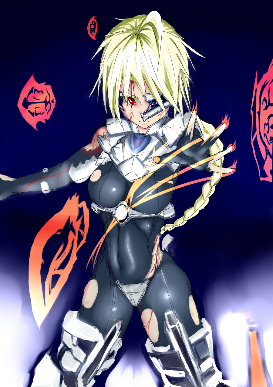 1girl ahoge android blazblue blonde_hair blood bodysuit braid female_focus full_body hair_ornament hair_weapon highres lambda-11 long_hair mecha_musume red_eyes single_braid single_eye solo thighhighs torn_clothes very_long_hair wings