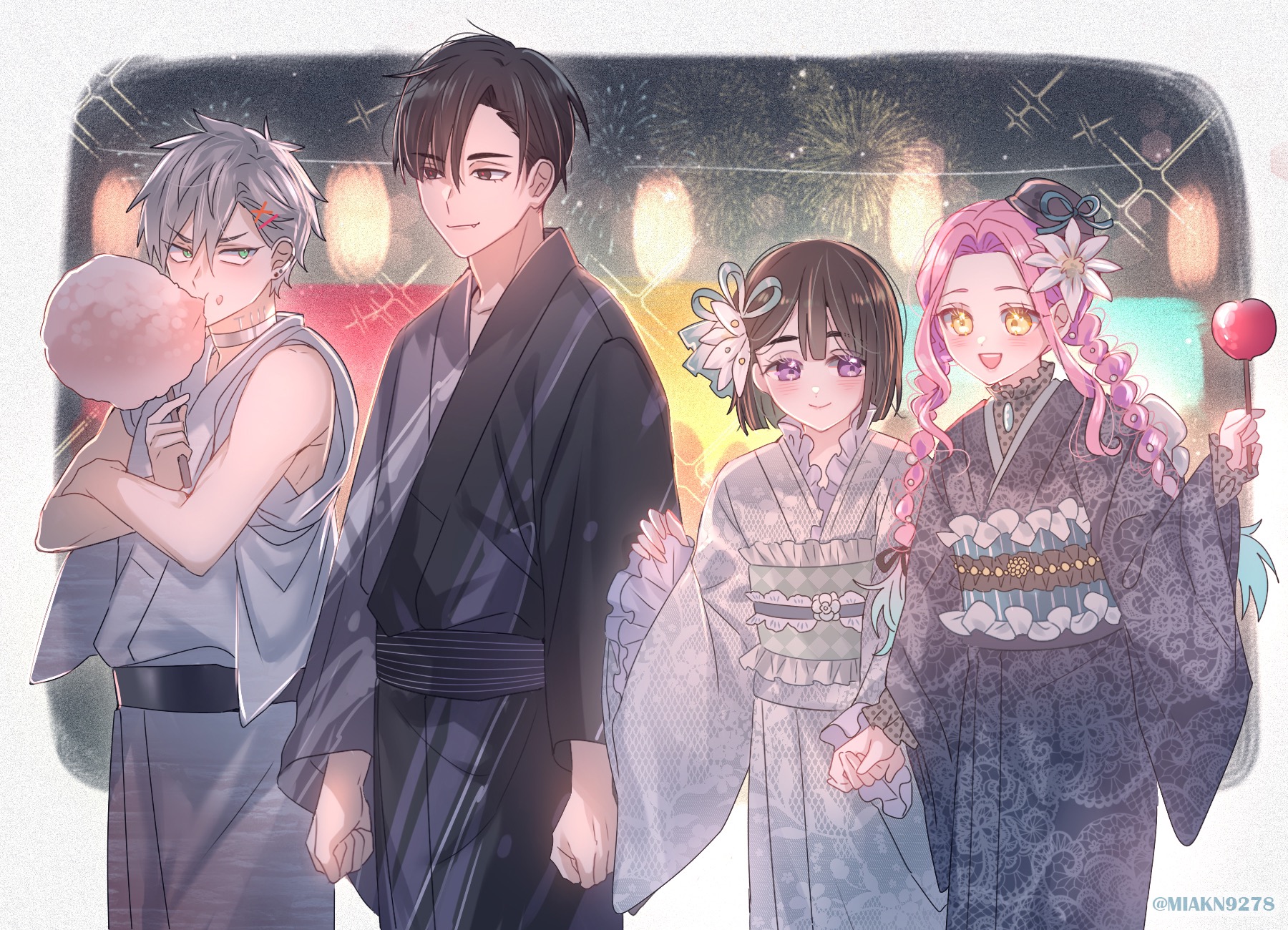 2boys 2girls alien_stage aqua_eyes black_eyes black_hair black_kimono blue_kimono blue_sash bob_cut braid candy_apple chinese_commentary closed_mouth commentary_request cotton_candy eating fang flower food frilled_sash grey_hair hair_flower hair_ornament hairclip highres holding holding_cotton_candy holding_food ivan_(alien_stage) japanese_clothes kimono long_hair long_sleeves mikan_(artist) mizi_(alien_stage) multiple_boys multiple_girls night obi open_mouth red_pupils sash short_hair sleeveless sleeveless_kimono smile sua_(alien_stage) till_(alien_stage) twin_braids very_short_hair white_flower wide_sleeves yellow_eyes