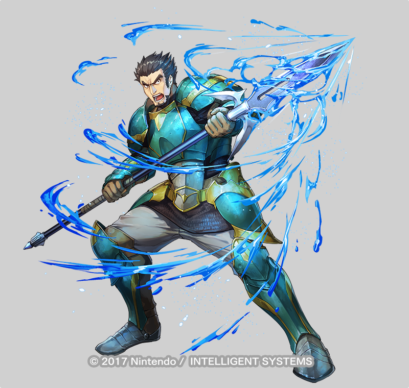 1boy armor attack beard black_hair company_name dai-xt facial_hair fire_emblem fire_emblem:_the_sacred_stones fire_emblem_heroes full_body gilliam_(fire_emblem) gloves grey_background holding holding_polearm holding_weapon male_focus mature_male nintendo official_art open_mouth polearm short_hair solo thick_eyebrows weapon