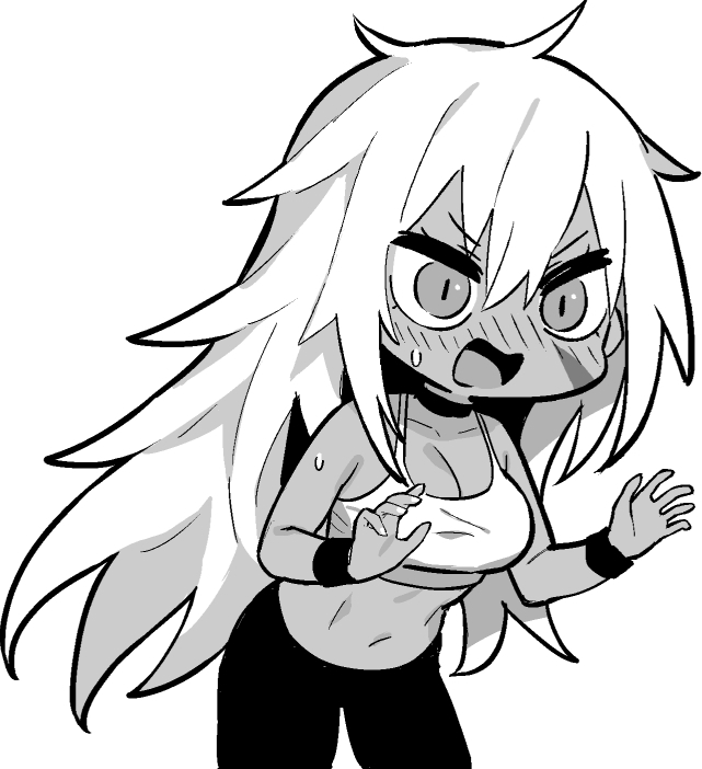 1girl azur_lane azur_lane:_slow_ahead bare_shoulders black_choker breasts chibi choker cleavage dark-skinned_female dark_skin embarrassed greyscale hori_(hori_no_su) indiana_(azur_lane) large_breasts monochrome navel official_art pants scar scar_on_face simple_background solo sports_bra sportswear stomach white_background white_hair wristband yoga_pants