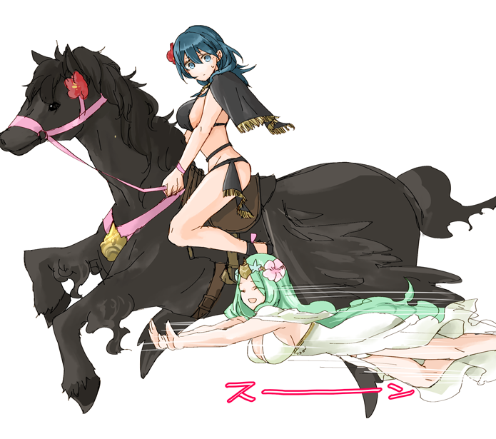 2girls @storm5958 bikini black_bikini blue_hair breasts censored cherami_leigh cleavage female_byleth_(fire_emblem) female_byleth_(summer)_(fire_emblem) female_focus fire_emblem fire_emblem:_three_houses fire_emblem_heroes flower flying gameplay_mechanics green_hair hair_flower hair_ornament horse inoue_kikuko itou_shizuka jake_brito jeannie_tirado large_breasts long_hair looking_at_another multiple_girls nintendo official_alternate_costume pegasus rhea_(fire_emblem) rhea_(summer)_(fire_emblem) riding robaco saddle sex sideboob swimsuit tiara very_long_hair voice_actor_connection yuri
