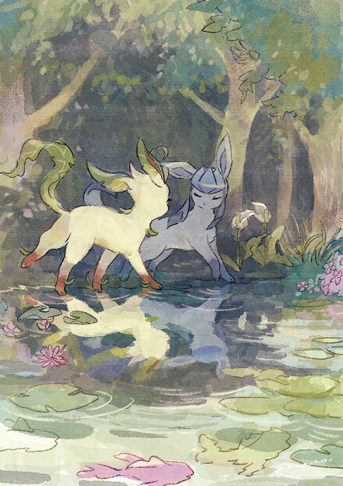blue_fur brown_fur closed_eyes day flower gen_4_pokemon glaceon leafeon lily_pad nintendo no_humans outdoors pink_flower pokemon pokemon_(creature) tree two-tone_fur water yellow_fur yurano_(upao)