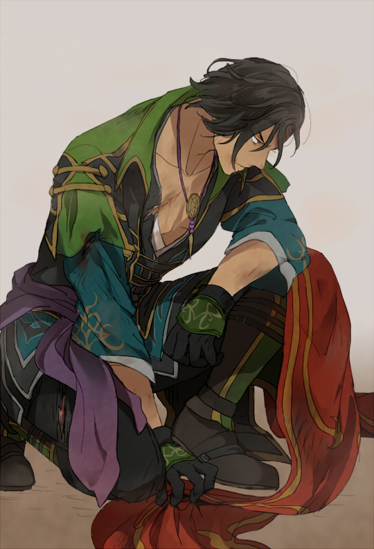 1boy azkn black_footwear black_hair closed_mouth commentary commentary_request dark-skinned_male dark_skin elbow_on_knee fa_zheng full_body gloves green_shirt grey_background jewelry male_focus multicolored_gloves necklace purple_sash sash shin_sangoku_musou shirt simple_background solo squatting