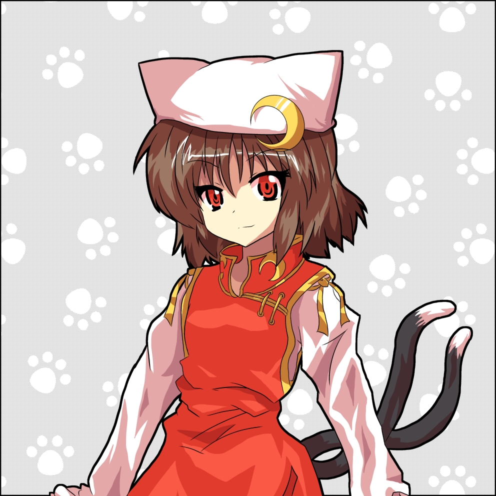 1girl alphes_(style) animal_hat brown_hair cat_girl cat_hat cat_tail crescent crescent_hair_ornament hair_ornament hat mikazuki_neko mikazuki_neko_(character) multiple_tails original parody paw_print paw_print_background red_eyes smile solo style_parody tail two_tails upper_body virtual_youtuber