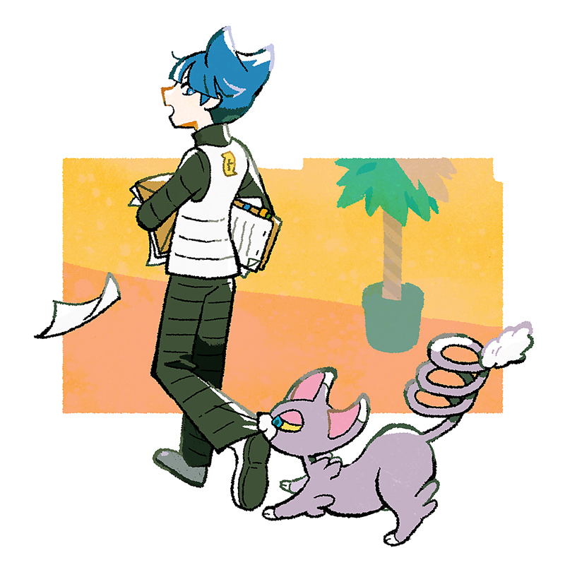 1boy back_turned biting biting_clothes black_pants black_sleeves blue_eyes blue_hair blunt_bangs cat creatures_(company) folder full_body game_freak gen_4_pokemon glameow hair_horns hmtmgl holding holding_folder holding_paper indoors long_sleeves looking_at_another looking_back male_focus nintendo open_mouth pants paper plant pokemon pokemon_(creature) pokemon_dppt potted_plant saturn_(pokemon) short_hair team_galactic team_galactic_uniform vest walking white_vest