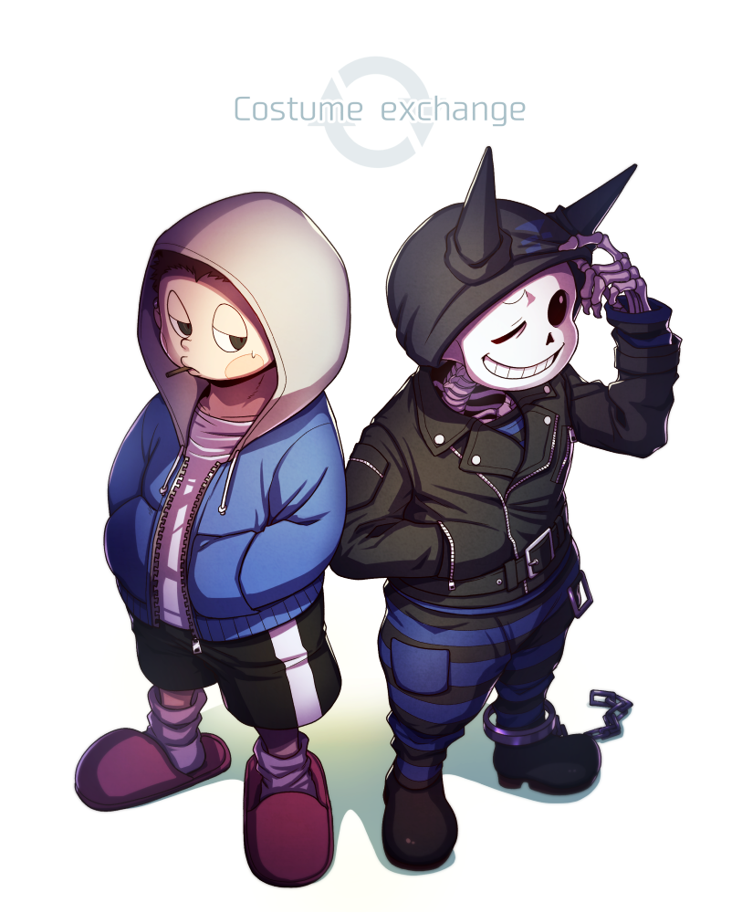 2boys animal_ear_headwear animal_ears beanie belt belt_buckle black_belt black_eyes black_footwear black_hat black_jacket black_jumpsuit black_sclera black_shorts black_sleeves blue_jacket blue_jumpsuit blush_stickers bright_pupils brown_hair buckle buttons cat_ears cigarette collarbone collared_jacket colored_sclera cosplay costume_switch crossover cuffs danganronpa_(series) danganronpa_v3:_killing_harmony english_text expressionless fake_animal_ears full_body furrowed_brow grey_hood grin half-closed_eyes hand_in_pocket hand_on_headwear hands_in_pockets hat hood hood_up hooded_jacket hoshi_ryoma jacket jumpsuit leather leather_jacket long_sleeves looking_at_another looking_at_hand male_focus multiple_boys one_eye_closed open_clothes open_jacket pink_slippers prison_clothes sans_(undertale) shackles shadow shirt shoes short_hair shorts simple_background single_ankle_cuff skeleton slippers smile smoking socks striped_jumpsuit studded_belt sumishiba_note sweat two-tone_jumpsuit undertale white_background white_pupils white_shirt white_socks zipper