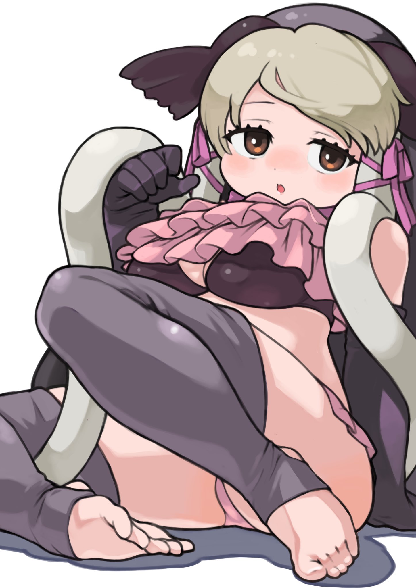 1girl bikini black_hair breasts elbow_gloves feet fins frills full_body gloves grey_hair head_fins highres kemono_friends large_breasts long_hair looking_at_viewer multicolored_hair ribbon rinx simple_background solo stirrup_legwear swimsuit thighhighs toeless_legwear toes two-tone_hair walrus_(kemono_friends)